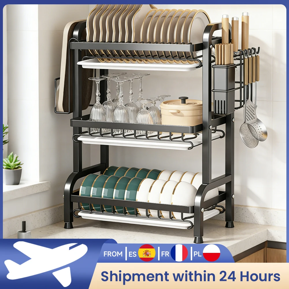 Égouttoir à vaisselle 3 niveaux grande capacité en métal avec porte-ustensiles, support de rangement pour vaisselle, organisateur de comptoir