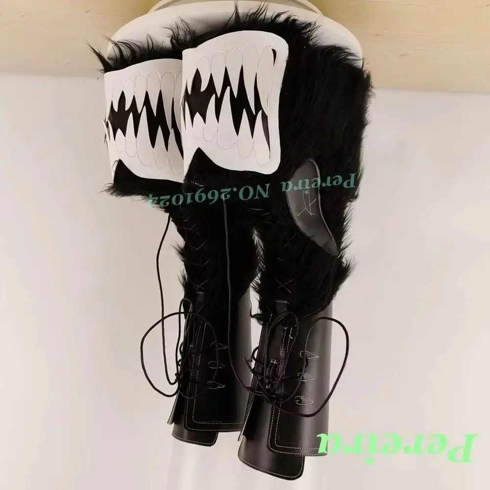 Black Furry Teeth Platform Mid Calf Boots Front Lace-Up Goth Punk Horror Chunky Heel Booties Wedges Cross Tied Patchwork Shoes