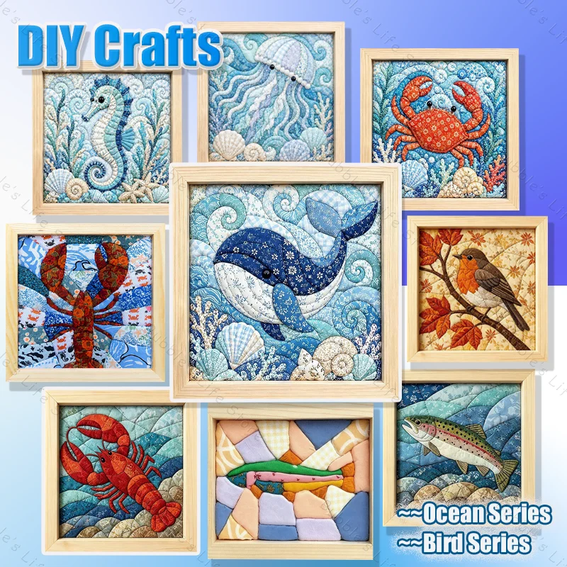 Premium No-Sew Kinusaiga Fabric Art Kit Marine/Bird Series Animals, DIY No-Sew Kinusaiga Fabric Art Kit, Cut Cloth Handcraft Kit