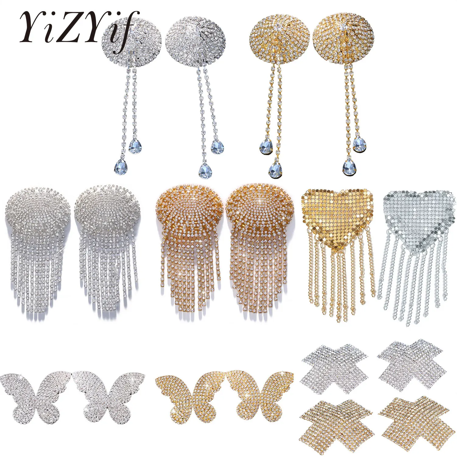 Sexy Rhinestone Nipple Stickers Women Chain Edge Tassel Breast Bra Nipple Cover Self Adhesive Round Shape Bra Nipple Pasties Pad