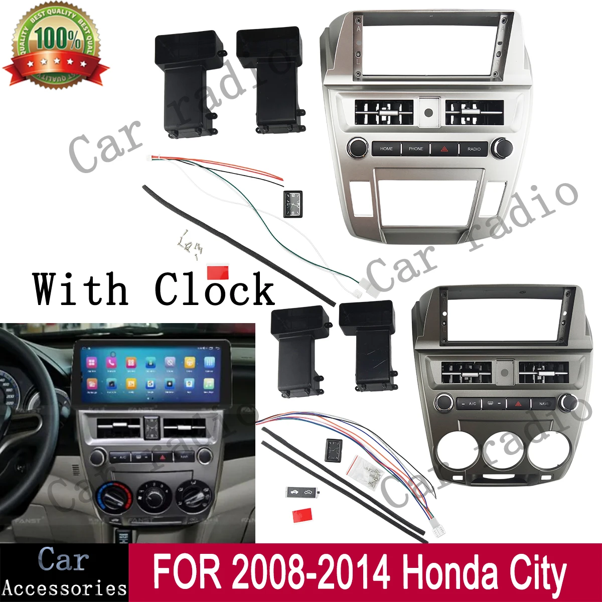 With Clock For 2008-2013 Honda City 12.3 Inch Car Radio Android Stereo Frame Player Head Unit Fascia Panel Dash Board Cover