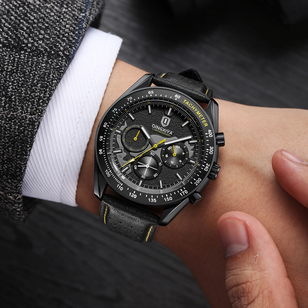QINGXIYA Luxury Men's Watches Leather Strap Waterproof Luminous Date Chronograph Man Watch Top Original Quartz Watch for Men