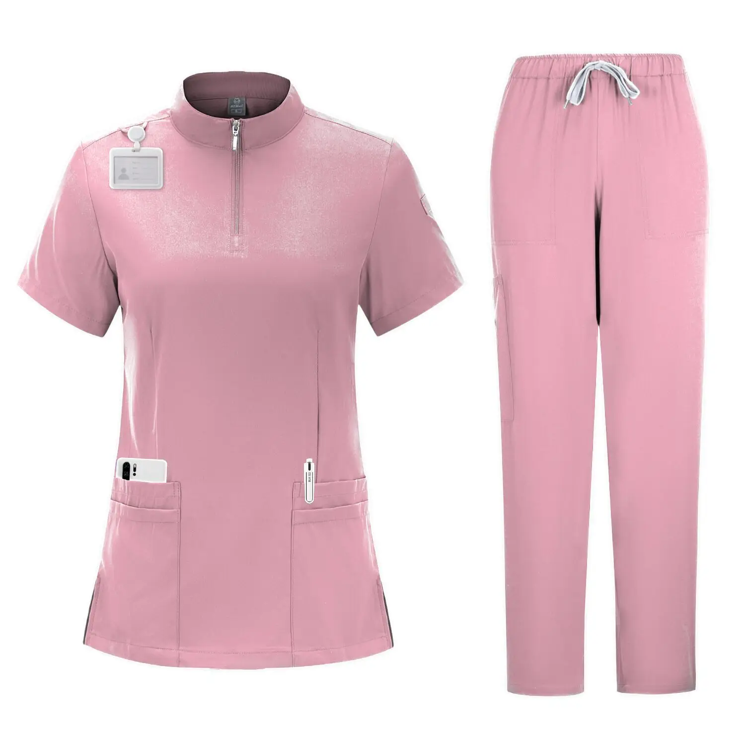 Mulheres 4-Pocket Zip-Neck Manga Curta Scrub Top, Uniformes de Enfermeira, Acessórios Médicos, Hospital Médico Uniforme