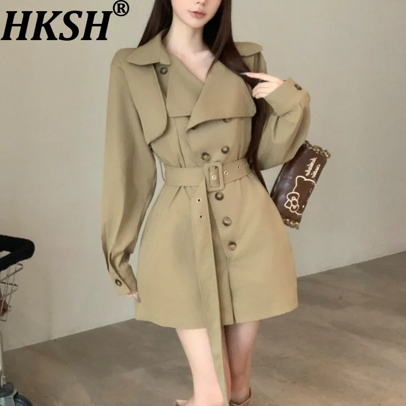

HKSH весна осень новый женский плащ комбинезон с отложным воротником двубортный пояс для похудения элегантная ветровка Ins HK12909
