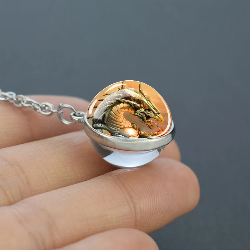 Dragon Pendant Necklace Double sided Glass Ball Pendant Alloy Chain Personalized Special Fashionable Necklace Gifts For Men's