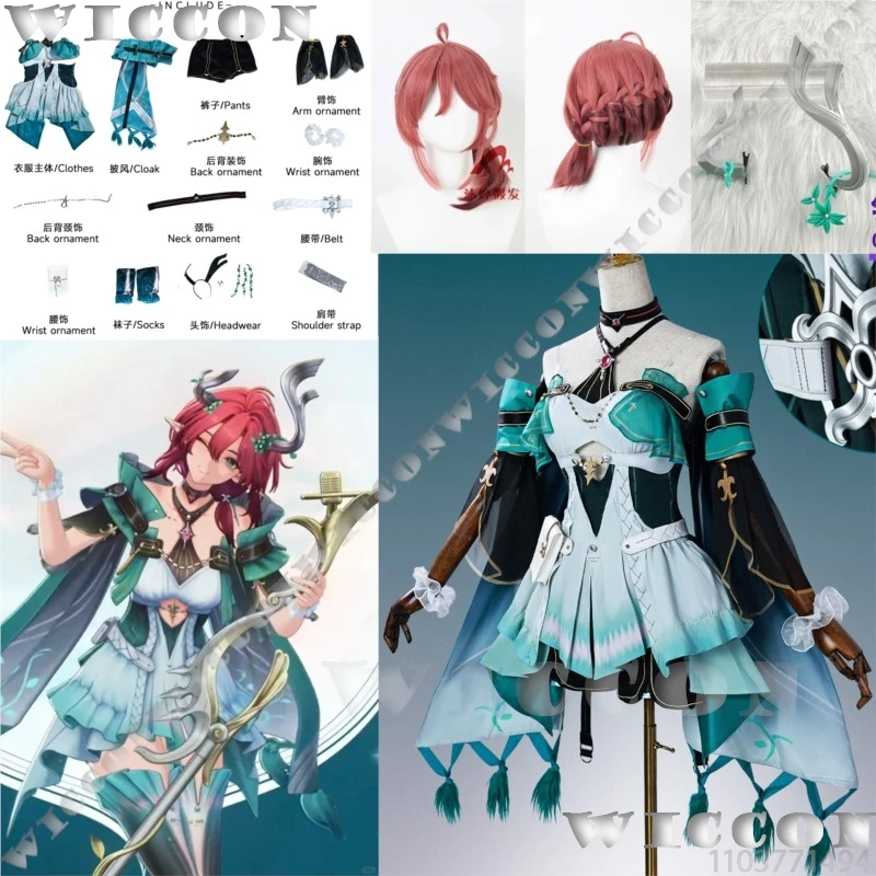

Ciaccona Wuthering Waves Game Cosplay Clothes Green Dress Headwear Red Wig Cos Prop Woman Girl Summer Suit Halloween Customized