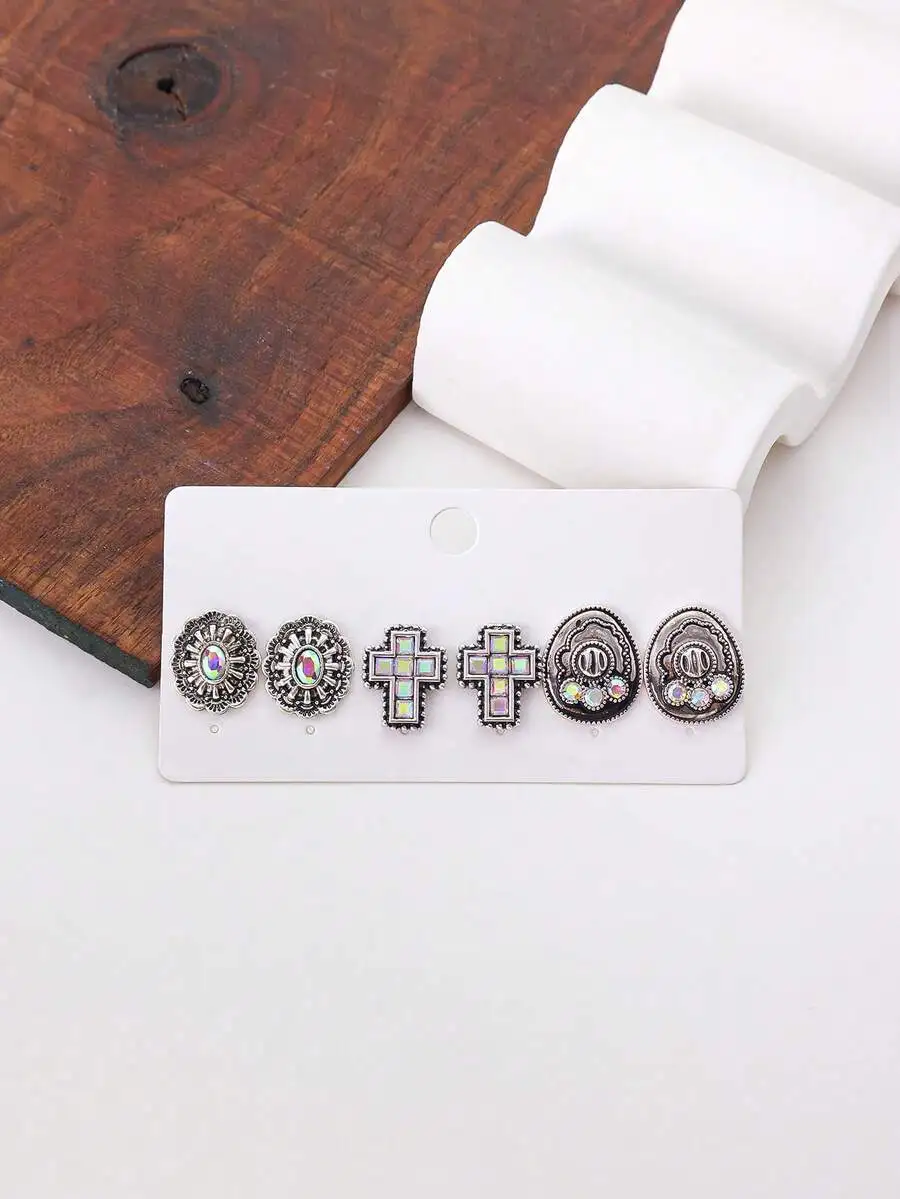 

3 Pairs Western Style Cross And Floral Earrings With Iridescent Stones For Women