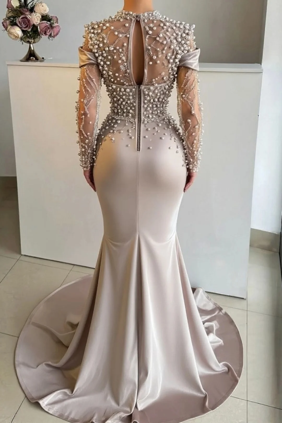 فساتين سهرة أنيقة حورية البحر رقبة عالية لؤلؤ كم طويل مناسبة فساتين لحضور الحفلات الموسيقية Fساتين Shrase مصنوعة حسب الطلب