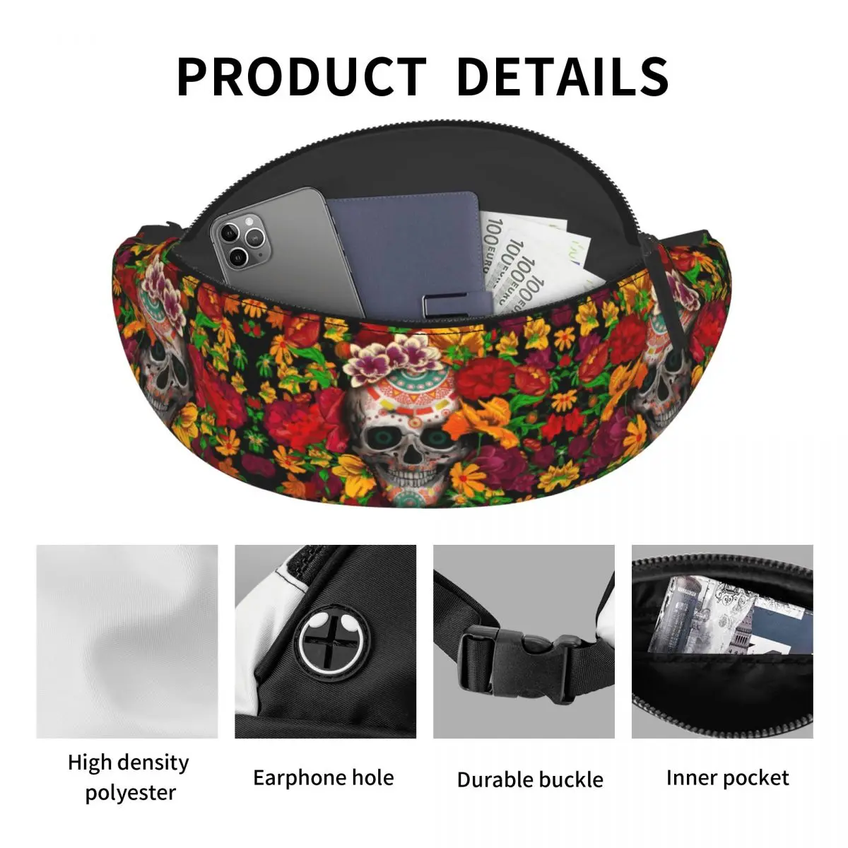 Sugar Skull With Flower Fanny Bag Custom Mexican Floral Crossbody Waist Pack Women Men Running Phone Money Pouch