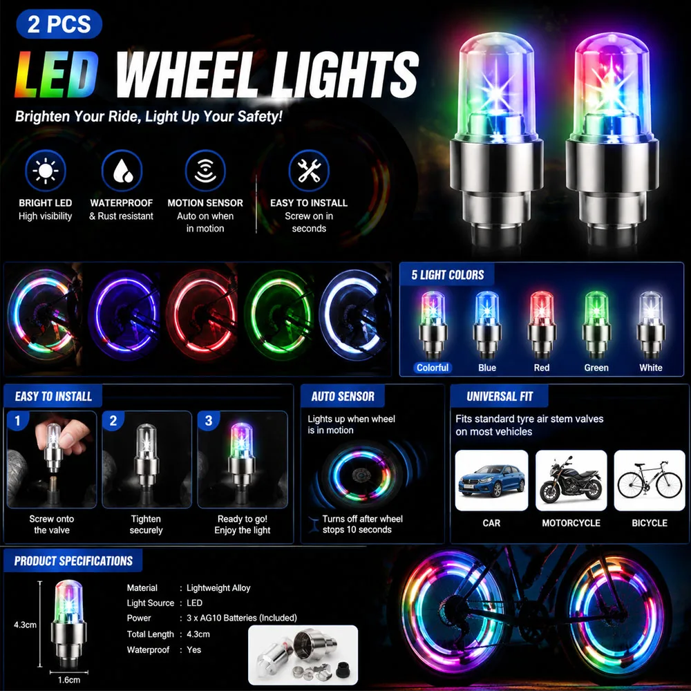 2Pcs Tire Valve Cap Lights Tire Lights For Car Air Valve Caps With Lights For Motorcycles Bicycles Electric Vehicles