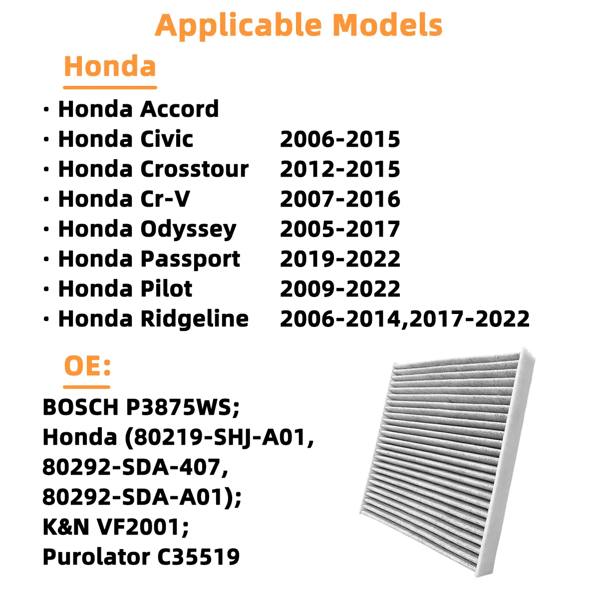 Innenraumluftfilter CF10134 Antibakteriell Passend für HONDA CIVIC CROSSTOUR CR-V ODYSSEY PILOT, 80219-SHJ-A01, 80292-SDA-407 – Detail 7