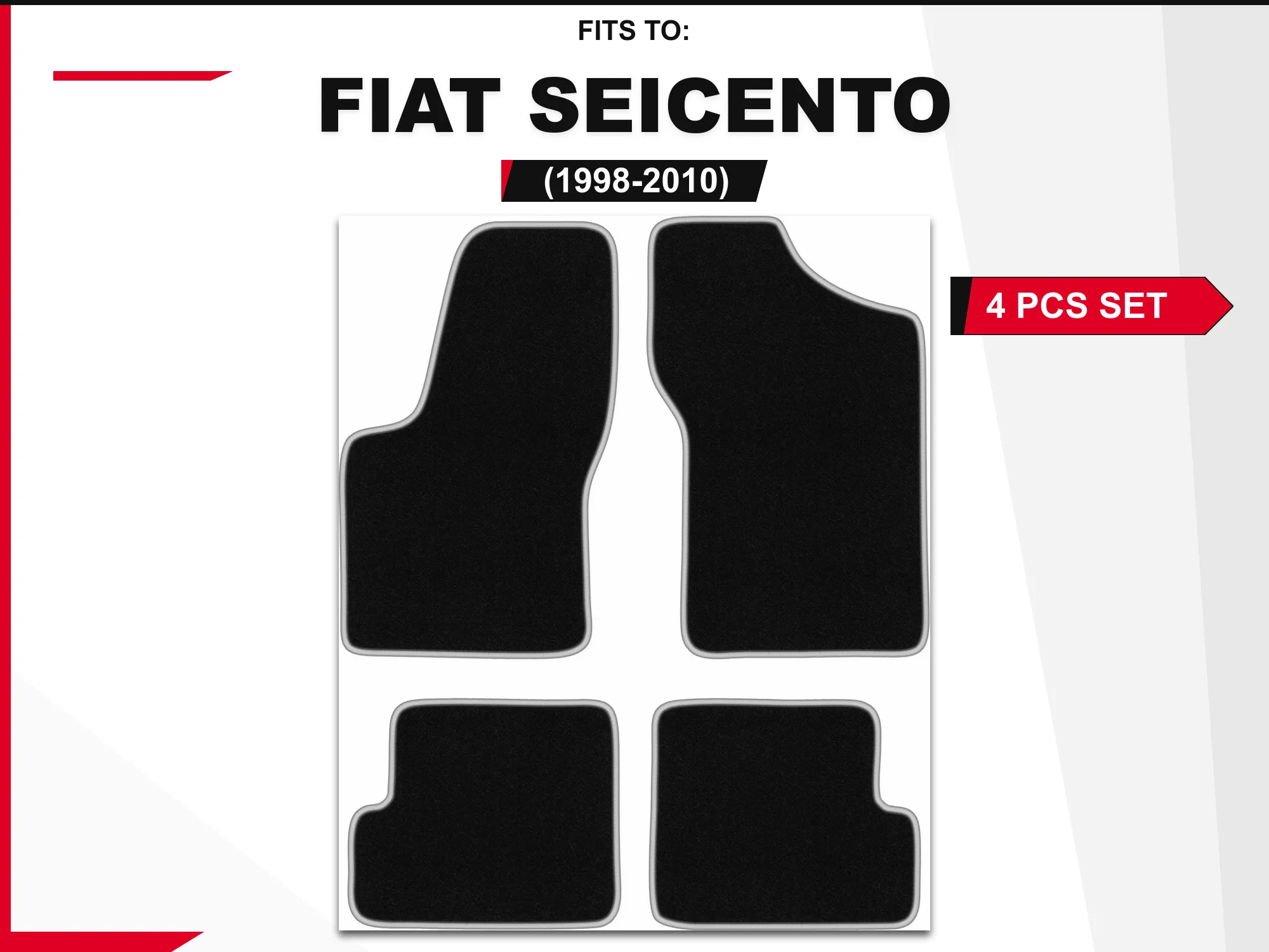 Velourstapijten voor: Fiat Seicento 1998-2010 hatchback zwart en zilverkleurige auto bijpassende automattenset bijpassende autovloerbedekking, set