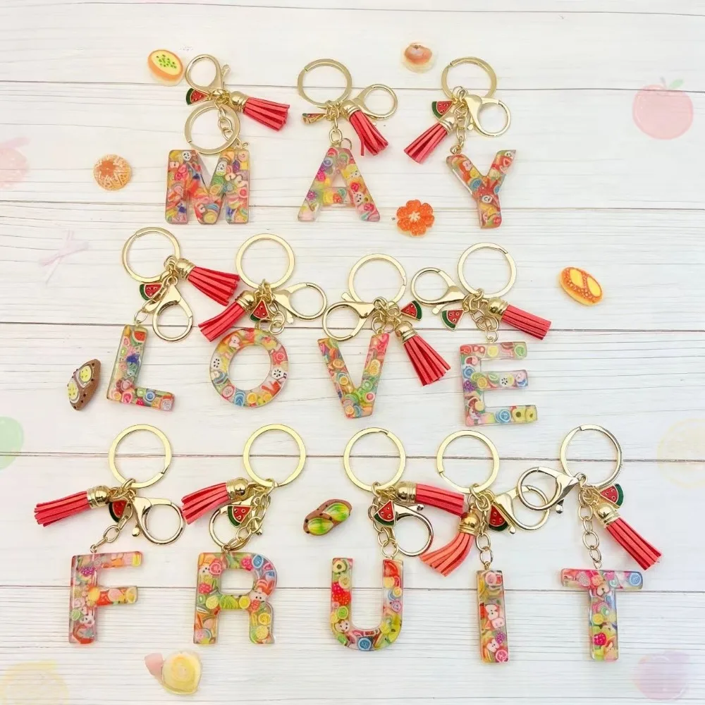

Personalized Bag Pendant Keyings Tassel Fruit Glitter 26 Letter Keychain Car Women Men Y2k Aesthetic Key Ring Accessories Gifts