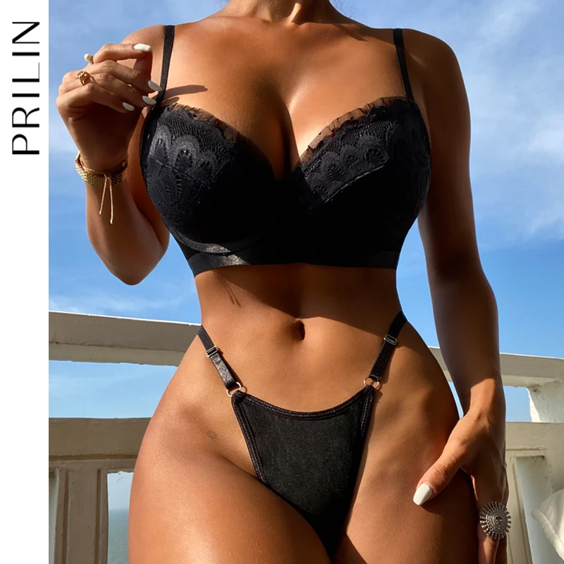 

PRILIN Black Women Lingerie Sexy Push Up Bra Intimate Panty Exotic Female Underwear Sets 2 Pieces