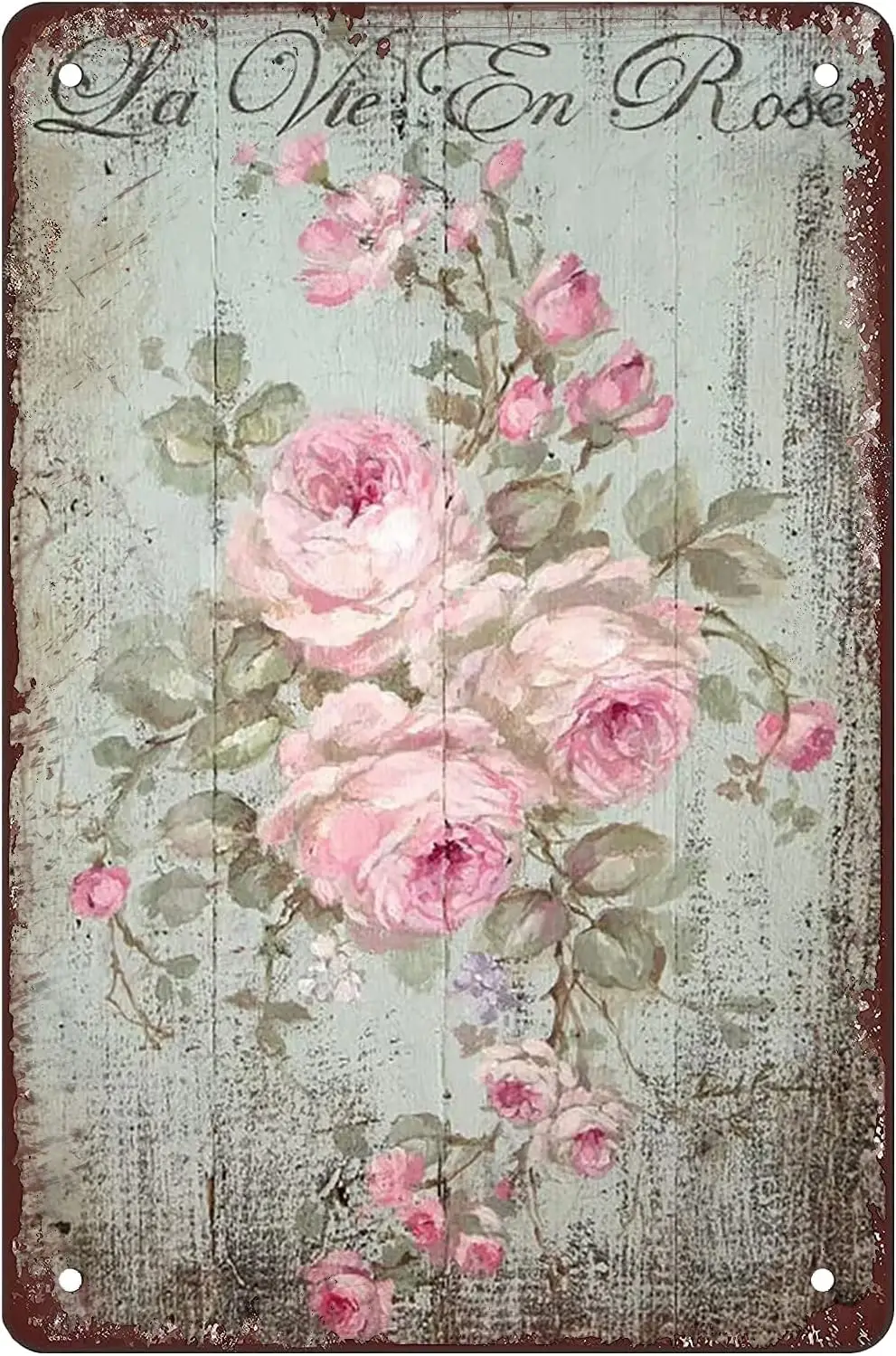 Y1,Shabby Chic Romantic Rose Print Vintage Flower Metal Tin Signs Wall Decor Rustic Country Farmhouse Bathroom