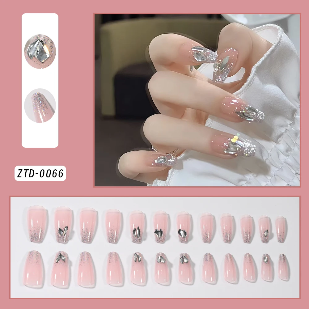 24 Uds. De uñas postizas de estilo francés rosa con diamantes de imitación, ataúd medio brillante, prensa en uñas, brillo, uñas postizas reutilizables, manicura * ^