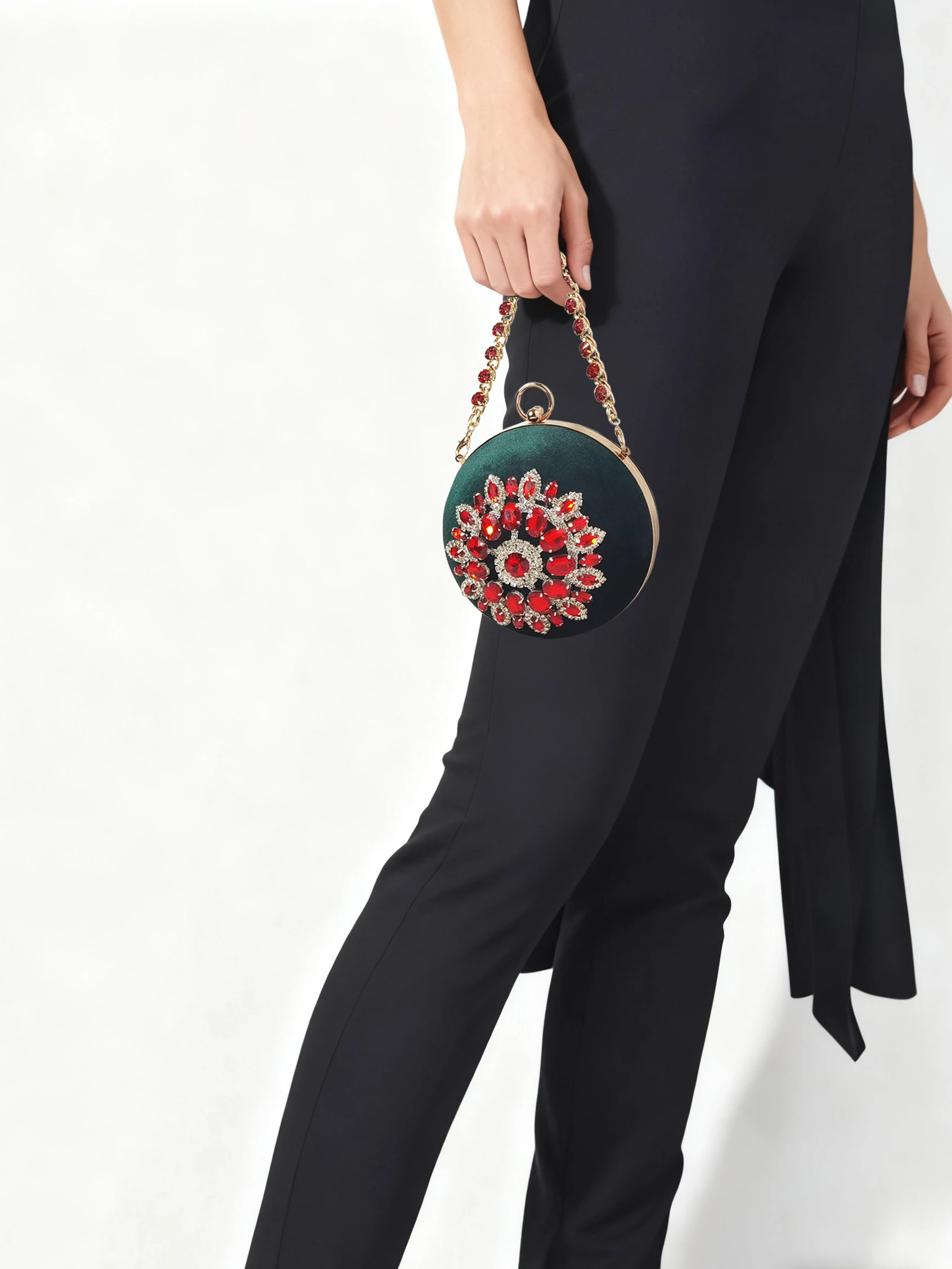 

Ruby Green Velvet Evening Bag Velvet Material, Red Rhinestones, Gorgeous and Elegant, a Showstopping Item for Banquets