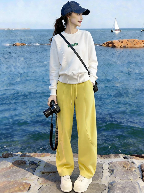 

Fashionable Sporty Casual Women's Long Sleeve T-Shirt And Wide Leg Pants Two Piece Set Spring Comfortable High Waist