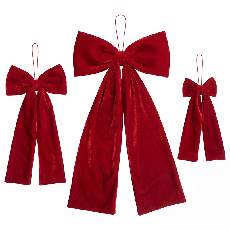 Wine‑Red Velvet Christmas Bow Ornament Golden Thread Bowknot Hanging Pendant Window Display Home Party Decoration Supplies