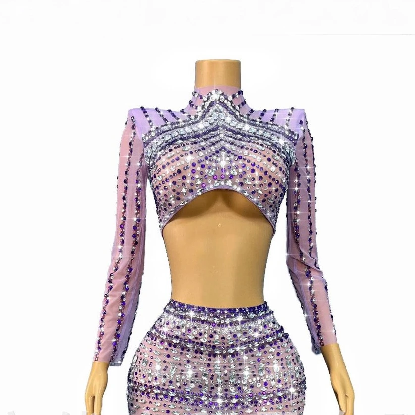 الاستقبال الأرجواني كريستال أعلى تنورة مجموعة طويلة الأكمام انقسام تنورة اللباس عيد ميلاد الرقص زي الكرمة مصمم فساتين السهرة الفاخرة