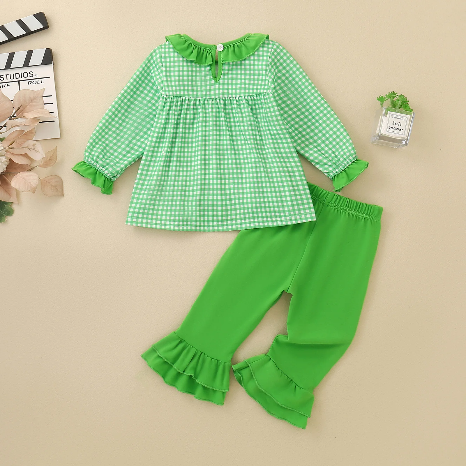 Baby Girl Christmas Tree Embroidery Pajamas Set Green Plaid Ruffle Blouse Flared Trousers 2 Piece Toddler Holiday Outfit