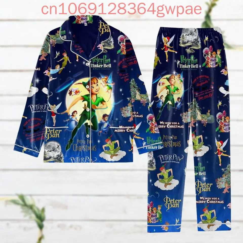 Conjunto de pijama Disney Tinker Bell con estampado 3D, conjunto de pijama informal de Navidad para hombre y mujer, camisa de manga larga, conjuntos de pijama familiares