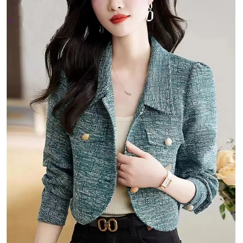 

2025 New Spring Autumn Tweed Style Women Jacket Single-breasted Woolen Top Cropped Outer Wear Short Cropped Top