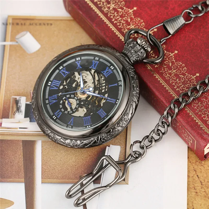 Vintage Roman Numerals Display Men Women Skeleton Mechanical Hand-Winding Pocket Watch Open Face Pendant FOB Clock Chain