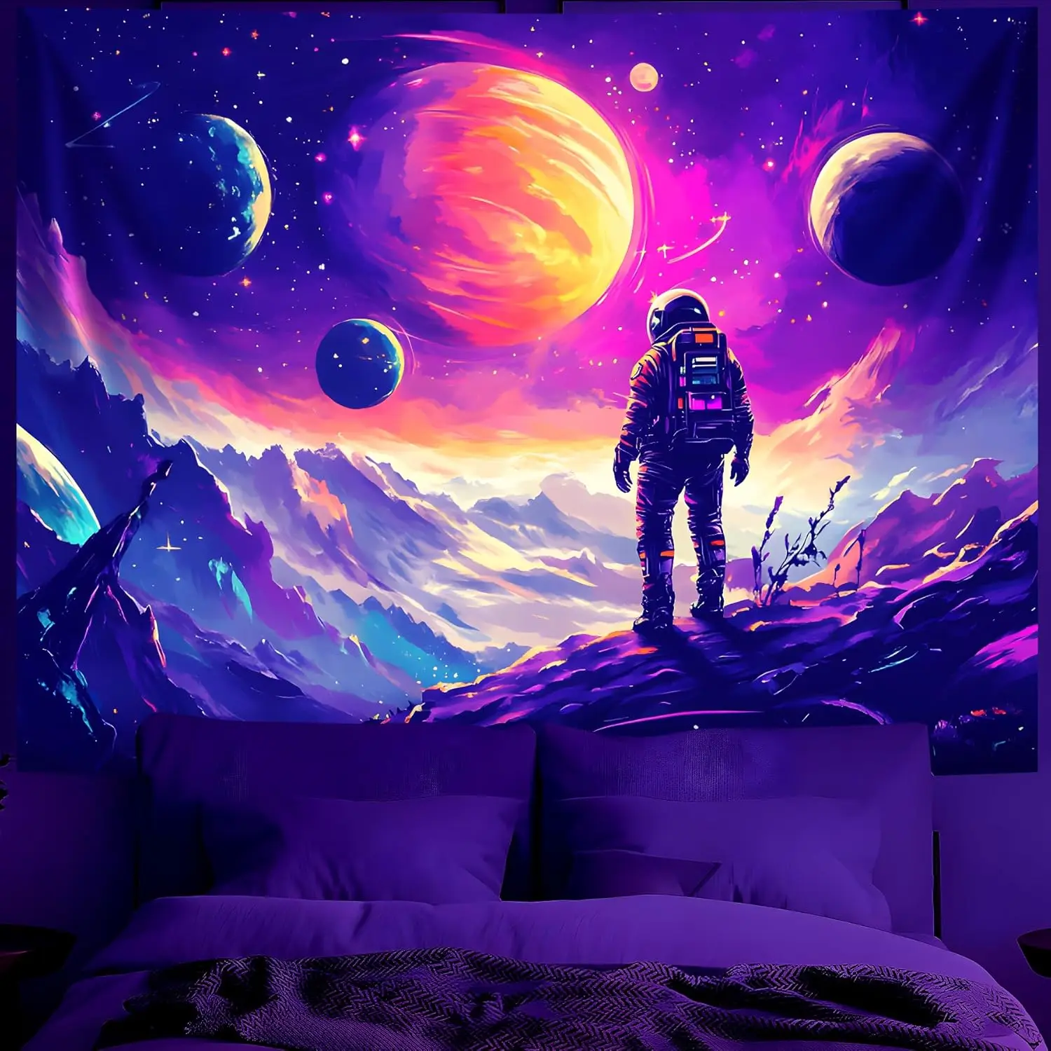 Astronaut Space Blacklight Tapestry , UV Reactive Astronaut Universe Galaxy Planet Glow in Dark Tapestries, Black Light Neon