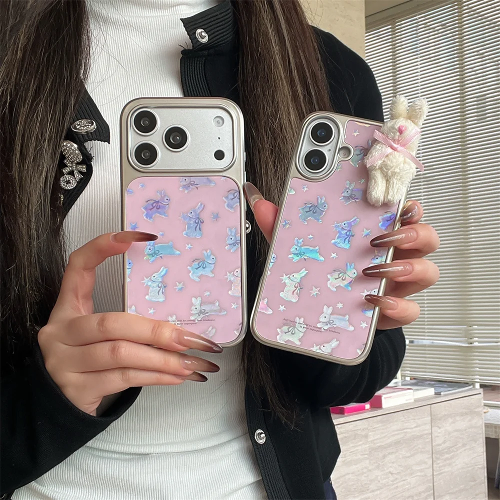 

Electroplated Cute Bow Plush Rabbit Phone Case For iPhone 17 14 Pro 15 16 Pro Max Fundas Korea INS Shockproof Cover For Apple 16