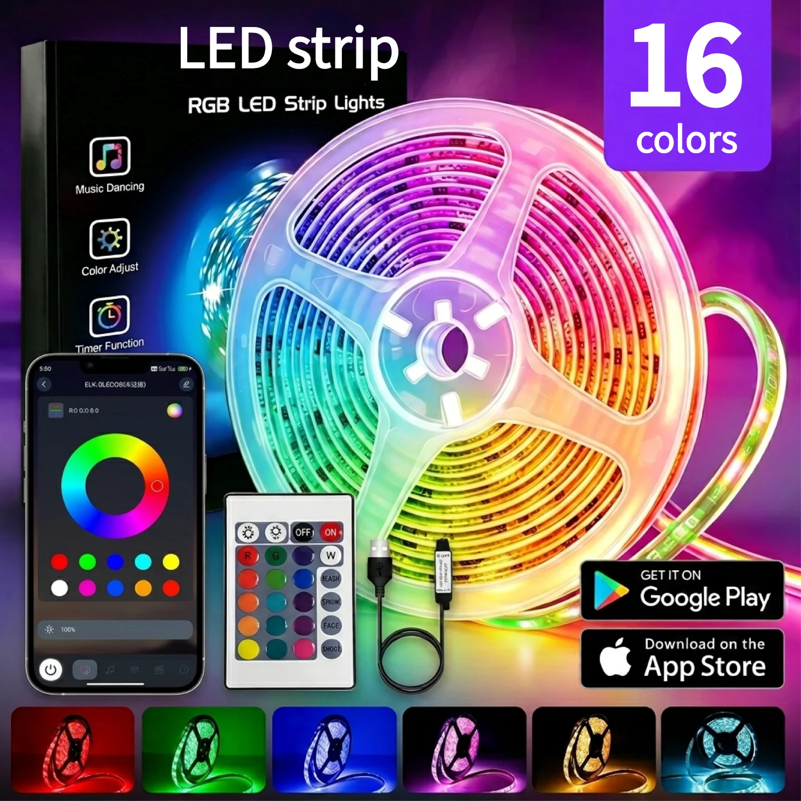 5M/16.4ft RGB LED Accent Light Set with Remote Control and Bluetooth Function - For your Room, Camper,Courtyard