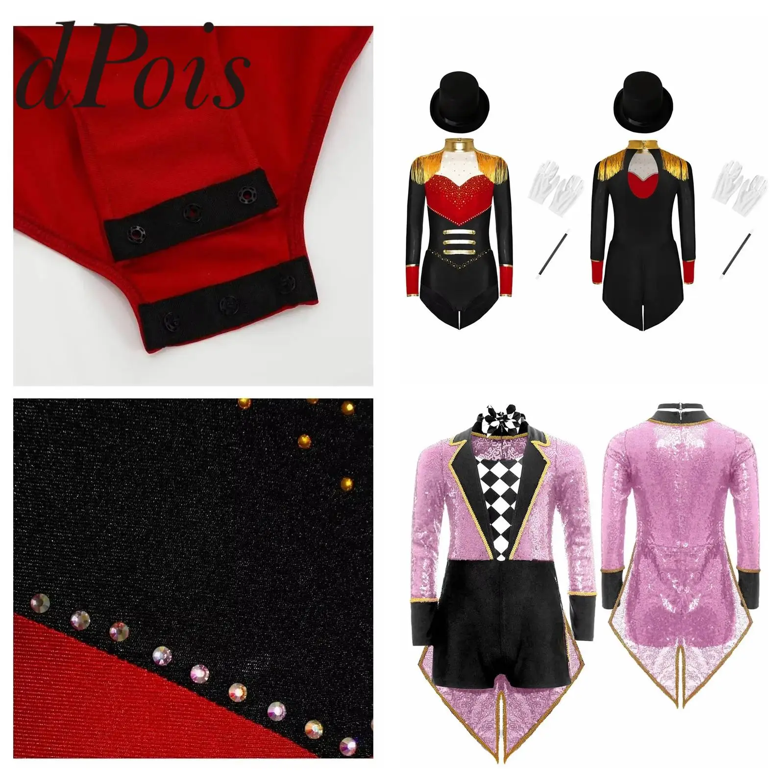 Boys Girls Circus Ringmaster Costume Dancewear Halloween Magician Costume Unitards Sequins Checkerboard Tailcoat Bodysuit