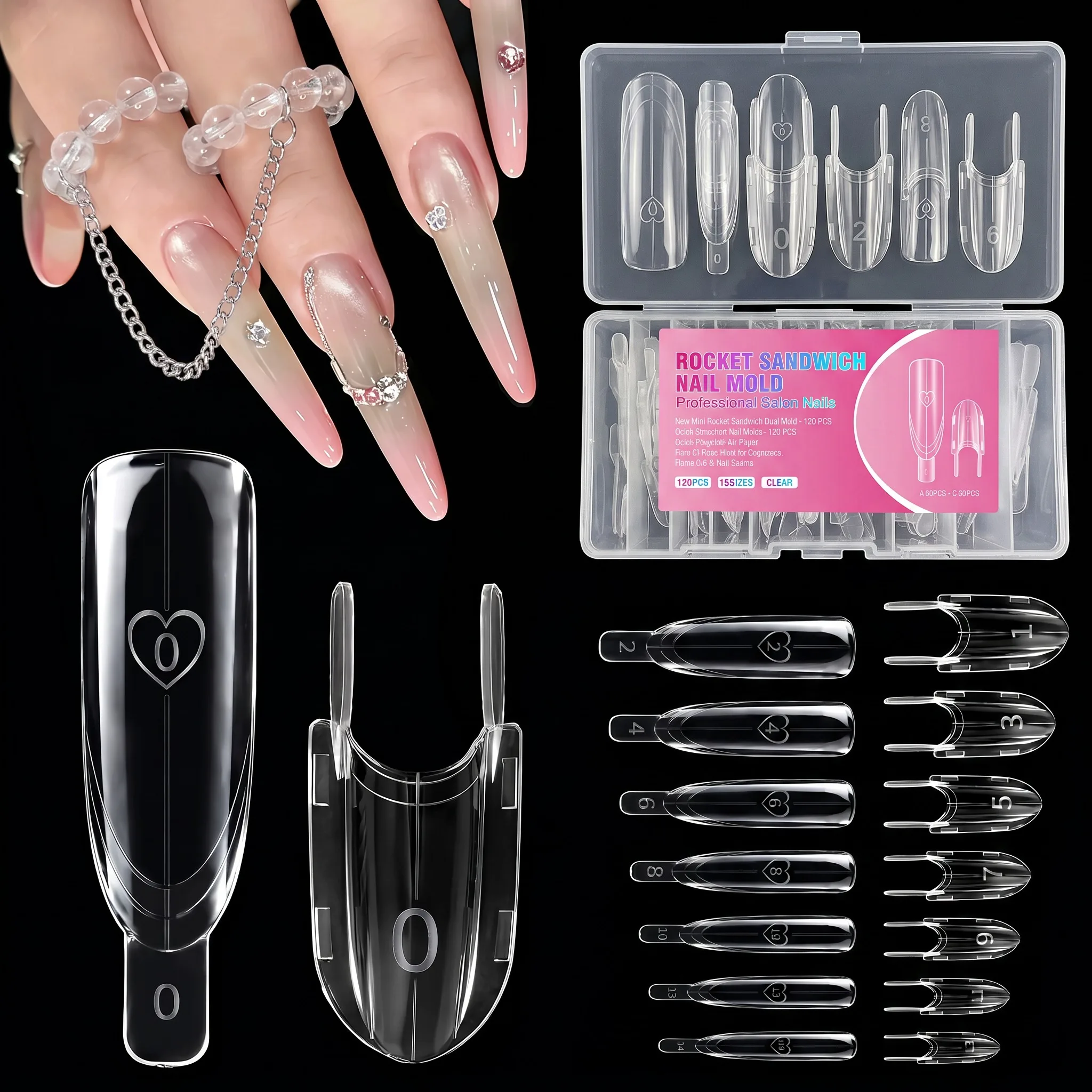 120PCS Sandwich Nail Art Model 4 Styles With 15 Sizes Extend The Nail Mold Without Fixed Clamp Support Manicure Tools ﻿