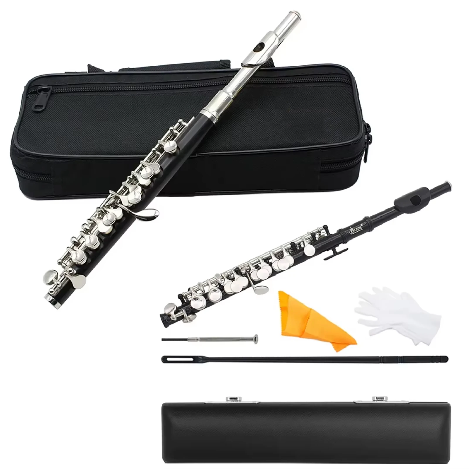 Black Silver Piccolo Professional C Key Piccolo with Padded Case Cleaning Cloth Stick Screwdriver Accessories