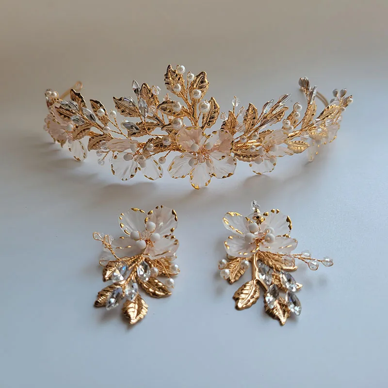 

SLBRIDAL Handmade Golden Alloy Crystal Rhinestones Flower Bridal Tiara Earring Set Wedding Princess Party Crown Women Jewelry