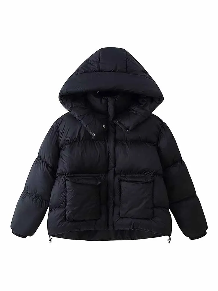 HH Woman Winter Versatile Fashion Long Sleeves Pocket Decoration Hooded Filling Cotton Jacket Female Casual Street Style Jacket