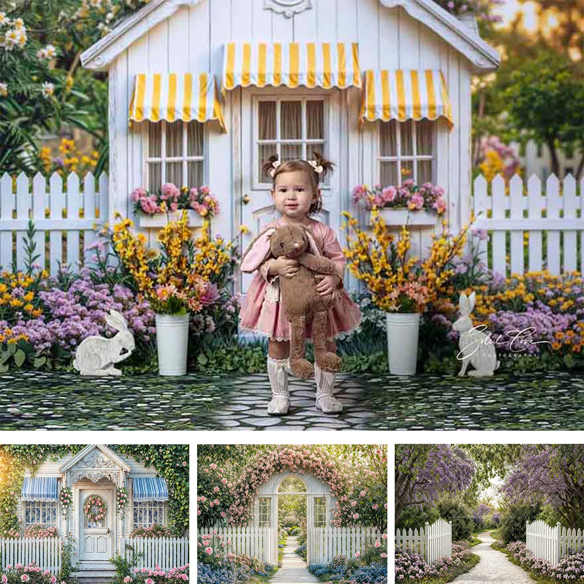 Toile de fond photographique Cottage de printemps avec clôture blanche, décorations pour séances photo de enfants, bébés, séances smash cake, allée florale, arrière-plans pour filles et adultes