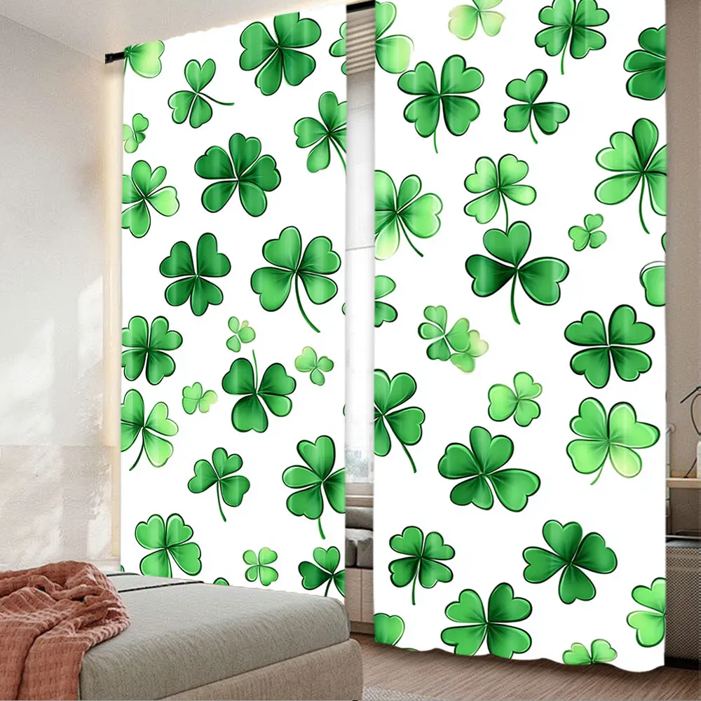 2Pcs St Patricks Day Curtain Saint Patricks Day Green Shamrock Clover Curtain Decorative Nature Art Curtain Decor Fashion Window