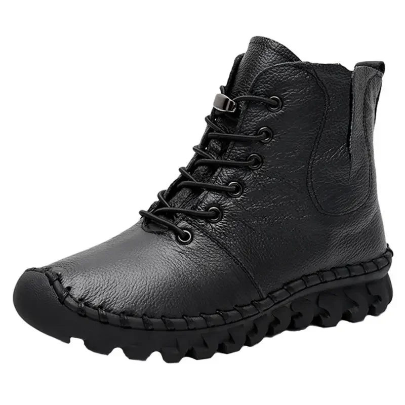 Lace-up Genuine Leather Women Boots A518 Fashion Casual Low Tube Round Toe Real Leather Shoes Winter Shoes Warm Thick