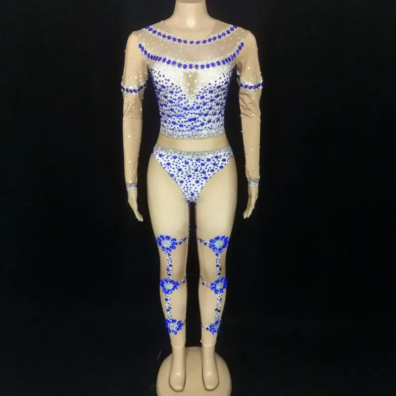 

Сексуальный облегающий комбинезон с синими стразами для ночных клубов и баров, сценический костюм, кристальный леотард для клубных вечеринок, дней рождения и шоу
