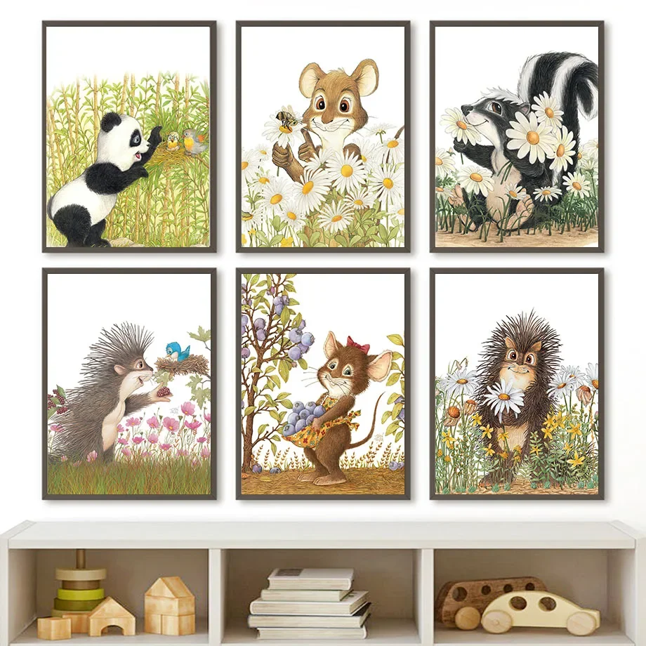 Panda Mouse Hedgehog Flower Jungle Animals Wall Art Canvas Painting Nordic Posters And Prints Wall Pictures Baby Kids Room Decor