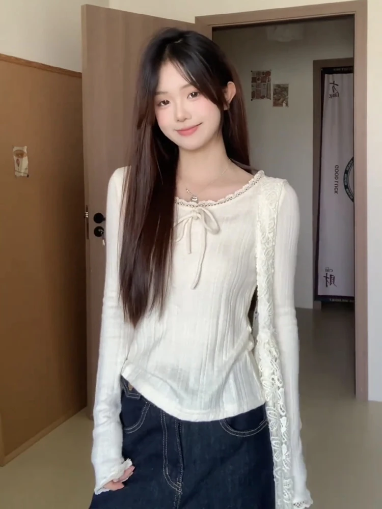 Pure Desire Lace Splice Long Sve T-irt Women's Base irt Slim Fit Sexy Girl High Sense Inner Wear Top  Knot