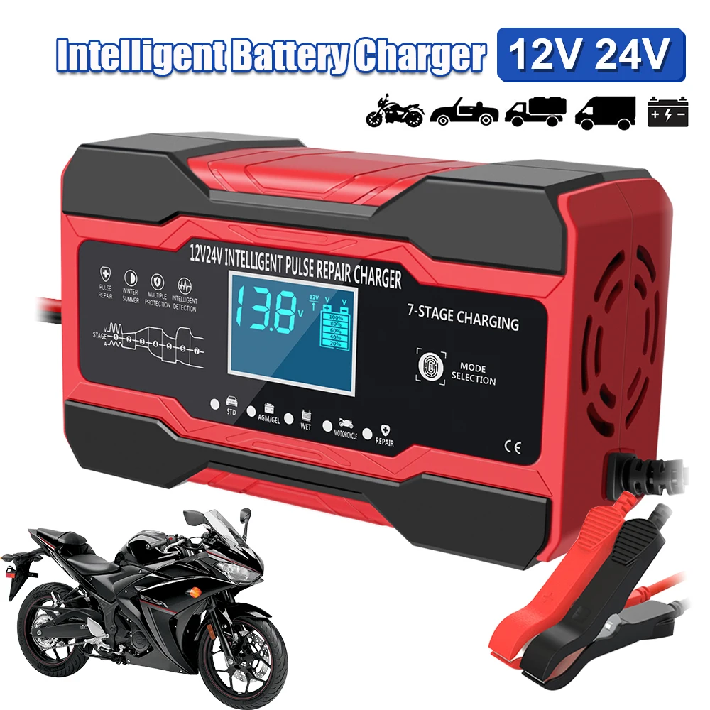 

5A 24V/10A 12V Motorcycle Battery Chargers Intelligent Pulse Repair 180W Fast Charging Automobile Battery Storage Cell Maintance