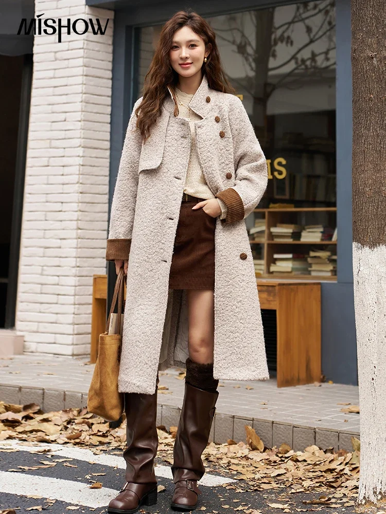 MISHOW Winter Women\'s Imitation Lamb Wool Coat 2023 Fashion Loose Double Breasted Stand Collar Thick Warm Long Coats MXC55W0143