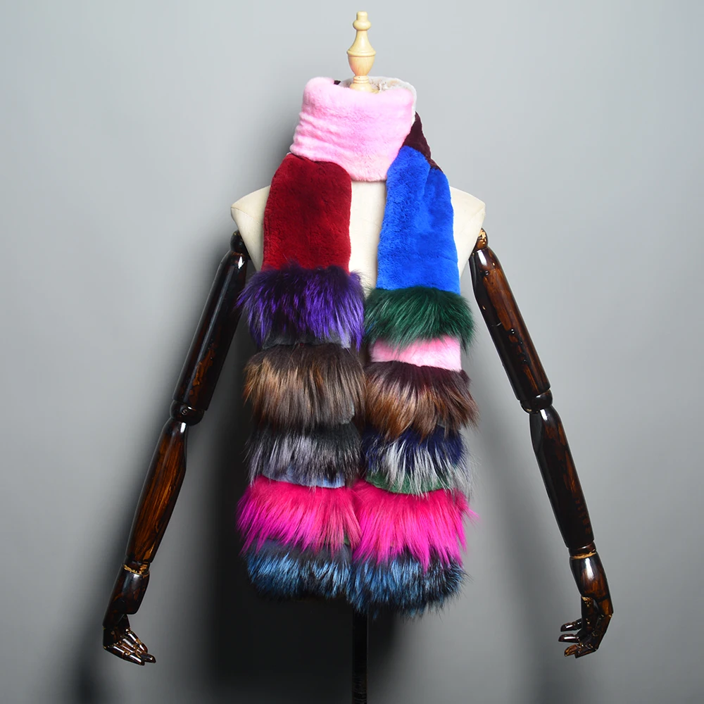 New Natural Soft Knitted Rex Rabbit Fur Scarf Women Winter Long Style Real Fur Muffler Lady Warm 100% Genuine Fox Fur Scarves