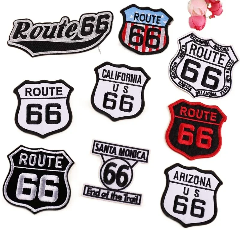 California Route 66 Badges Cloth Appliques Santa Monica Trail End Iron on Embroidery Patches America Arizona US Emblem Stickers