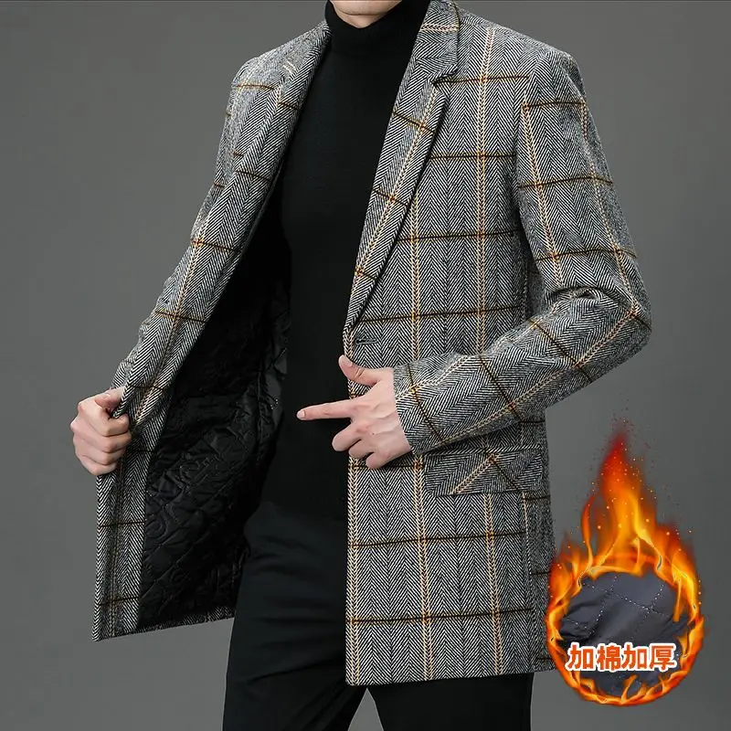 

Зимние мужские шерстяные пальто в клетку средней длины, деловое повседневное теплое верхнее пальто, верхняя одежда, утепленная шерстяная ветровка из хлопка, куртка