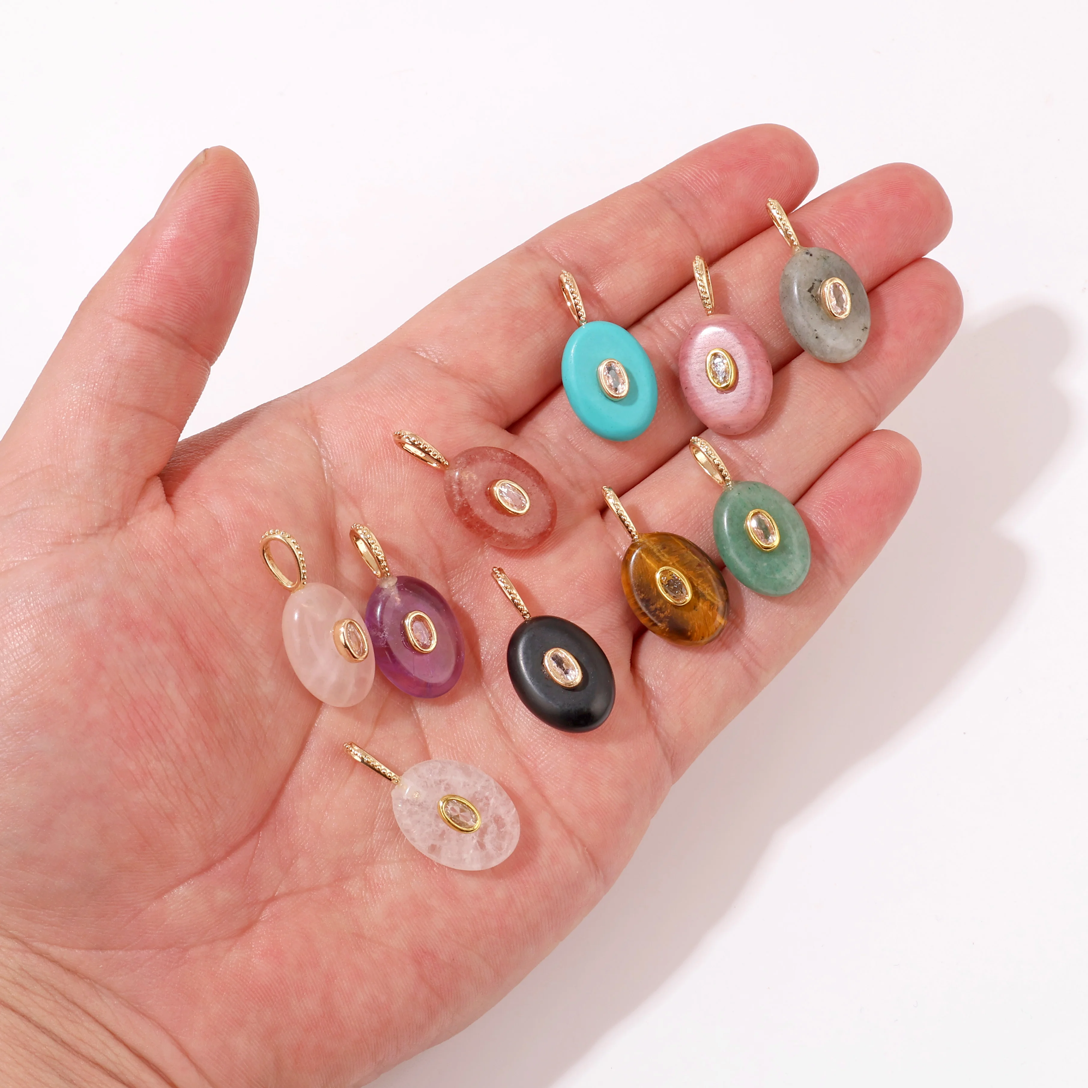 1Pc Natural Stone Oval Pendant 13*18mm Stone 13*27mm with Zircon Accent for DIY Jewelry Making Necklace