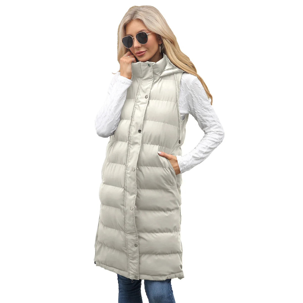 Lady Cloth Autumn. Winter New Women's Hooded. Sleeveless West Long Solid Color Zipper Padded Thickened Jacket Women's Clothing