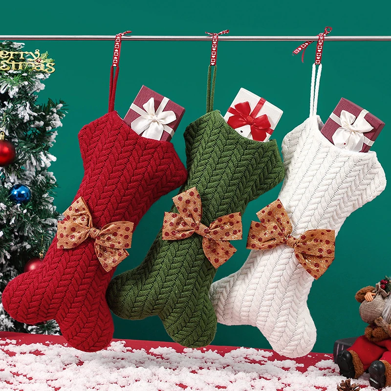 New Christmas Large Bone Shape Gift Bags Knitted Wool Stockings Xmas Tree Hanging Ornament Christmas Decor For Home Navidad 2024